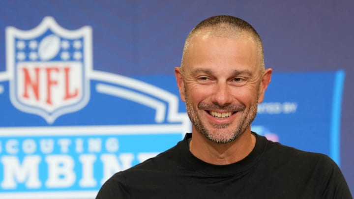 Feb 24, 2026; Indianapolis, IN, USA; Las Vegas Raiders general manager John Spytek speaks at the NFL Scouting Combine at the Indiana Convention Center. Mandatory Credit: Kirby Lee-Imagn Images