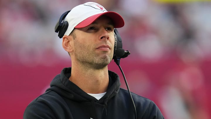 Arizona Cardinals head coach Jonathan Gannon watches from the sideline as his team plays the New England Patriots at State Farm Stadium on Dec. 15, 2024. Arizona Cardinals head coach Jonathan Gannon watches from the sideline as his team plays the New England Patriots at State Farm Stadium on Dec. 15, 2024.