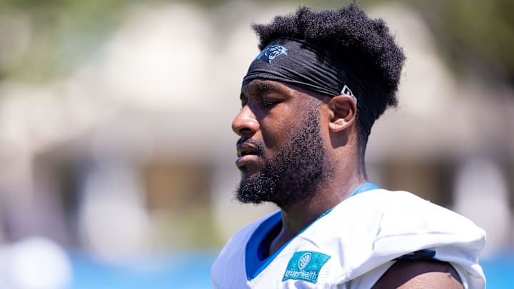 Jul 26, 2025; Charlotte, NC, USA; Carolina Panthers linebacker D.J. Wonnum (98) walks off after practice during training camp. Mandatory Credit: Scott Kinser-Imagn Images