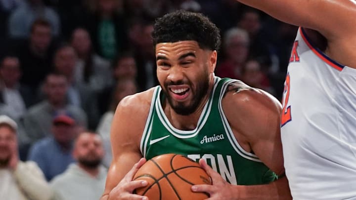 Apr 9, 2026; New York, New York, USA; Boston Celtics forward Jayson Tatum (0) drives on New York Knicks center Karl-Anthony Towns (32) during the fourth quarter at Madison Square Garden. Mandatory Credit: Lucas Boland-Imagn Images Apr 9, 2026; New York, New York, USA; Boston Celtics forward Jayson Tatum (0) drives on New York Knicks center Karl-Anthony Towns (32) during the fourth quarter at Madison Square Garden. Mandatory Credit: Lucas Boland-Imagn Images