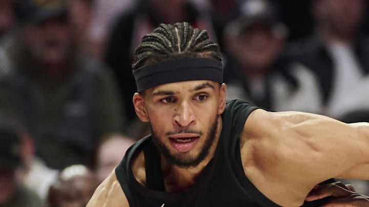 Portland Trail Blazers forward Toumani Camara drives to the basket against Indiana Pacers forward Jarace Walker