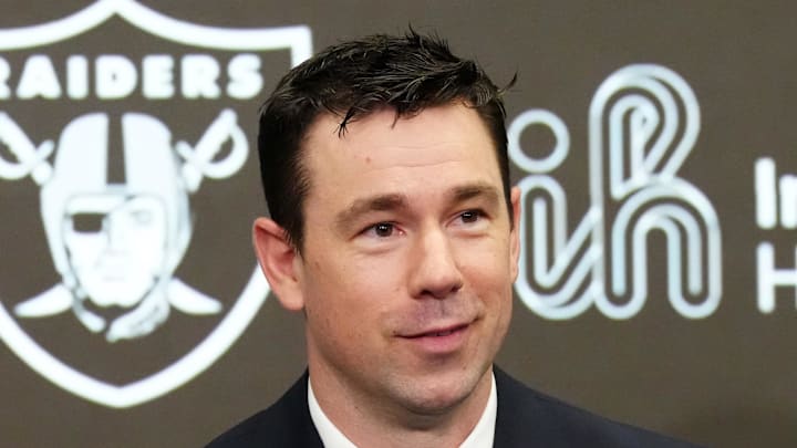 Feb 10, 2026; Henderson, NV, USA; Las Vegas Raiders coach Klint Kubiak speaks at introductory press conference at Intermountain Health Performance Center. Mandatory Credit: Kirby Lee-Imagn Images