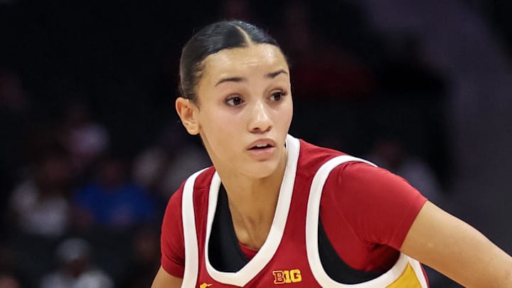 Nov 9, 2025; Charlotte, North Carolina, USA; Southern California Trojans guard Jazzy Davidson (9) dribbles the ball against the NC State Wolfpack during the fourth quarter of the Ally Tipoff game at Spectrum Center. Mandatory Credit: Cory Knowlton-Imagn Images