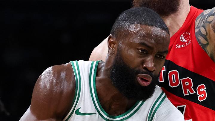 Oct 15, 2025; Boston, Massachusetts, USA; Boston Celtics forward Jaylen Brown (7) drives to the basket during the first half against the Toronto Raptors at TD Garden. Mandatory Credit: Paul Rutherford-Imagn Images