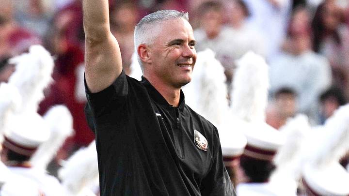 Aug 29, 2026; Tallahassee, Florida, USA;  Florida State head coach Mike Norvell greets Florida State linebacker Ethan Pritchard (35) during player introductions prior to a game against New Mexico State at Doak S. Campbell Stadium.  Mandatory Credit: Melina Myers-Imagn Images