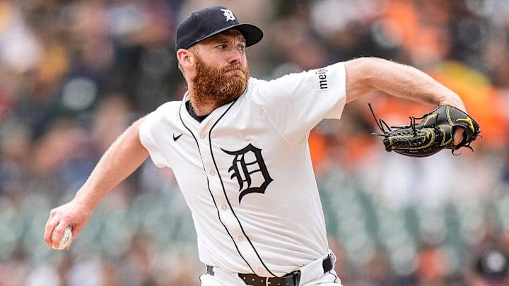 Detroit Tigers pitcher John Brebbia (49) throws against San Francisco Giants during the seventh inning at Comerica Park in Detroit on Wednesday, May 28, 2025.