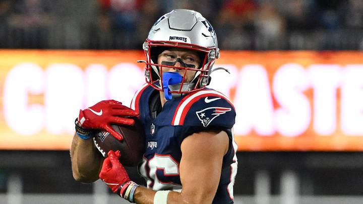 Aug 13, 2026; Foxborough, Massachusetts, USA; New England Patriots wide receiver Efton Chism III (86) runs the ball after making a catch against the Indianapolis Colts during the first half at Gillette Stadium. Mandatory Credit: Eric Canha-Imagn Images Aug 13, 2026; Foxborough, Massachusetts, USA; New England Patriots wide receiver Efton Chism III (86) runs the ball after making a catch against the Indianapolis Colts during the first half at Gillette Stadium. Mandatory Credit: Eric Canha-Imagn Images