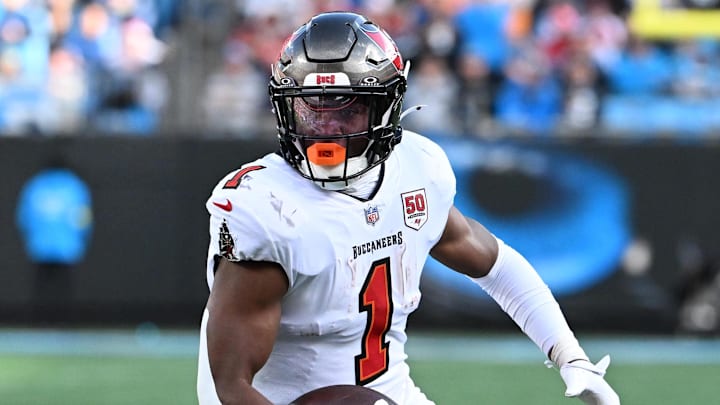 Tampa Bay Buccaneers running back Rachaad White (1) with the ball in the third quarter at Bank of America Stadium.