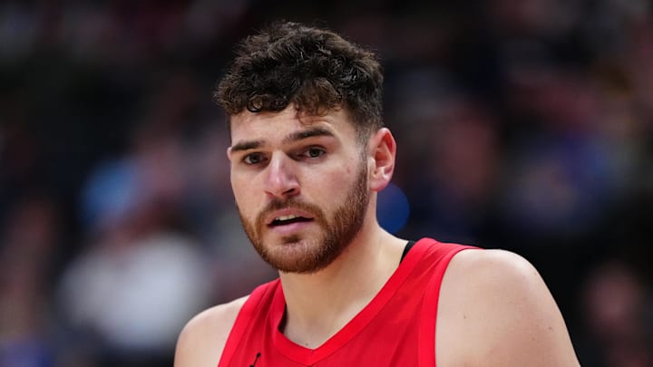 Mar 22, 2026; Denver, Colorado, USA; Portland Trail Blazers center Donovan Clingan (23) during the second half against the Denver Nuggets at Ball Arena. Mandatory Credit: Ron Chenoy-Imagn Images