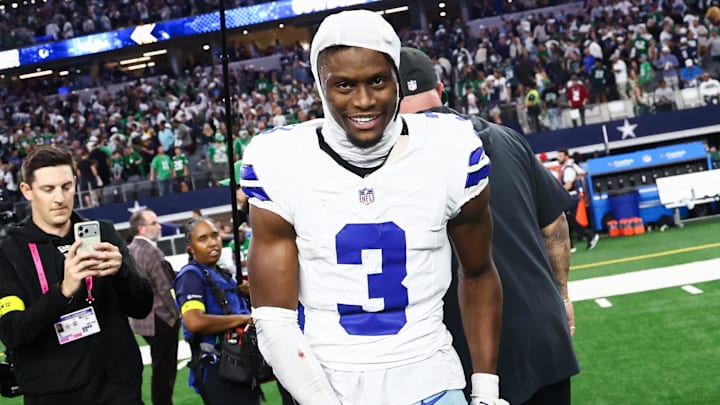 Dallas Cowboys wide receiver George Pickens smiles after the game against the Philadelphia Eagles.