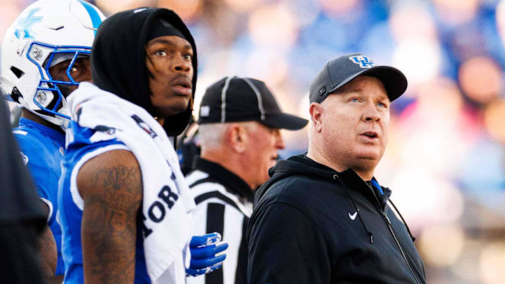 Nov 16, 2024; Lexington, Kentucky, USA; Kentucky Wildcats head coach Mark Stoops looks on during the second quarter against the Murray State Racers at Kroger Field. Mandatory Credit: Jordan Prather-Imagn Images