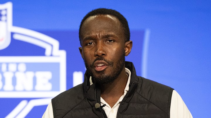 Feb 27, 2024; Indianapolis, IN, USA; Minnesota Vikings general manager Kwesi Adofo-Mensah talks to the media at the 2024 NFL Combine at Indiana Convention Center.