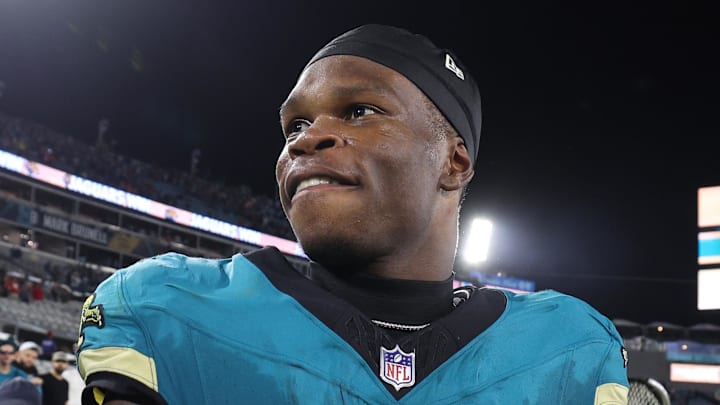 Oct 6, 2025; Jacksonville, Florida, USA; Jacksonville Jaguars wide receiver Travis Hunter (12) reacts after defeating the Kansas City Chiefs at EverBank Stadium. Mandatory Credit: Nathan Ray Seebeck-Imagn Images
