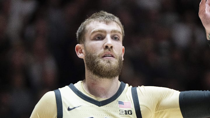 Dec 29, 2025; West Lafayette, Indiana, USA; Purdue Boilermakers guard Braden Smith (3) celebrates a point during the first half against the Kent State Golden Flashes at Mackey Arena. Mandatory Credit: Jacob Musselman-Imagn Images