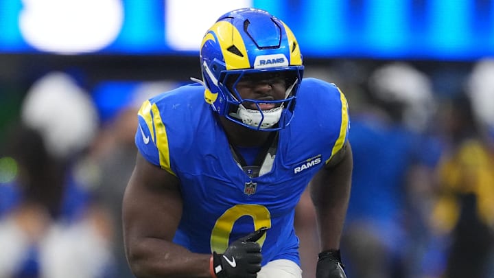Dec 14, 2025; Inglewood, California, USA; Los Angeles Rams linebacker Byron Young (0) is seen during the fourth quarter against the Detroit Lions at SoFi Stadium. Mandatory Credit: Kirby Lee-Imagn Images