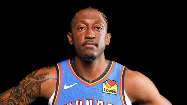 Oklahoma forward Jalen Williams (8) poses for a photo shoot during Thunder media day at Paycom Center in Oklahoma City on Monday, Sept. 29, 2025.