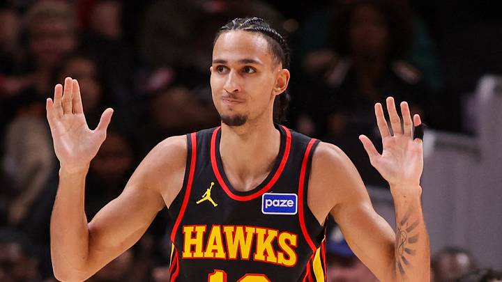 Atlanta Hawks forward Zaccharie Risacher (10) reacts after fouling Heat guard Pelle Larsson (9) at State Farm Arena, Feb 20, 2026. Atlanta Hawks forward Zaccharie Risacher (10) reacts after fouling Heat guard Pelle Larsson (9) at State Farm Arena, Feb 20, 2026.
