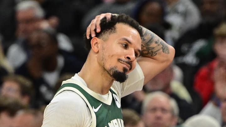 Oct 30, 2025; Milwaukee, Wisconsin, USA;  Milwaukee Bucks guard Cole Anthony (50) reacts after fouling out of the game against the Golden State Warriors in the 4th quarter at Fiserv Forum. Mandatory Credit: Benny Sieu-Imagn Images