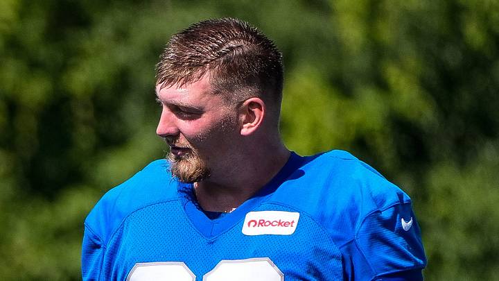 Detroit Lions guard Tate Ratledge (69), left, and offensive tackle Mason Miller (63) walk of the field after practice during training camp at Meijer Performance Center in Allen Park on Tuesday, July 22, 2025. Detroit Lions guard Tate Ratledge (69), left, and offensive tackle Mason Miller (63) walk of the field after practice during training camp at Meijer Performance Center in Allen Park on Tuesday, July 22, 2025.