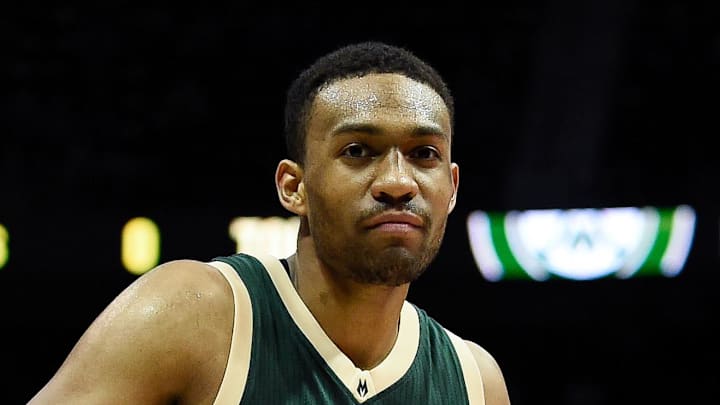 Milwaukee Bucks forward Jabari Parker (12) reacts against the Atlanta Hawks during the second overtime at Philips Arena. The Bucks defeated the Hawks 117-109 in double overtime on February 20, 2016.