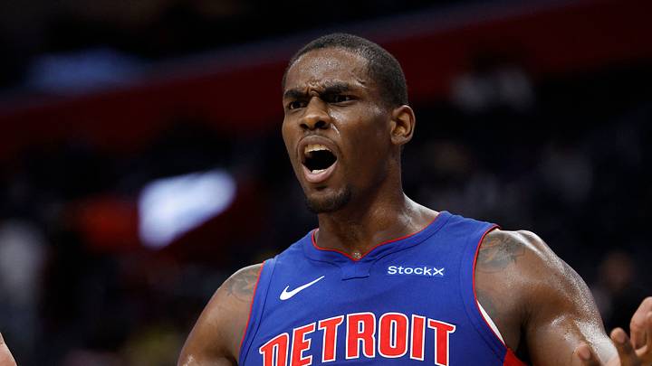 Dec 16, 2024; Detroit, Michigan, USA;  Detroit Pistons center Jalen Duren (0) reacts in the first half against the Miami Heat at Little Caesars Arena. Mandatory Credit: Rick Osentoski-Imagn Images
