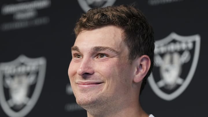 May 2, 2026; Henderson, NV, USA;  Las Vegas Raiders quarterback Fernando Mendoza (15) speaks during a news conference at the team’s Rookie Minicamp at Intermountain Health Performance Center. Mandatory Credit: Candice Ward-Imagn Images