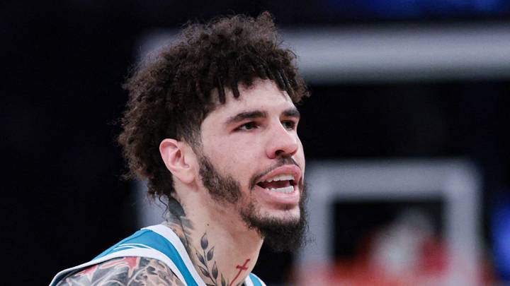 Apr 12, 2026; New York, New York, USA; Charlotte Hornets guard LaMelo Ball (1) reacts after a basket against the New York Knicks during the first half at Madison Square Garden. Mandatory Credit: Vincent Carchietta-Imagn Images
