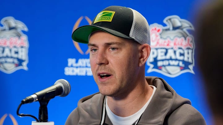 Oregon offensive coordinator Will Stein speaks during a media day as the Oregon Ducks arrive on Jan. 7, 2025, in Atlanta, Georgia ahead of the Peach Bowl at Mercedes-Benz Stadium.
