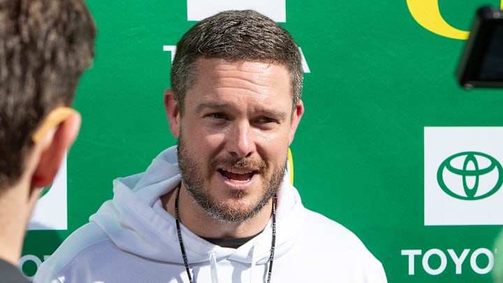 Oregon head coach Dan Lanning talks to members of the media following spring camp for the Oregon Ducks Thursday, March 14, 2028.