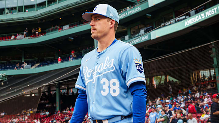 Aug 5, 2025; Boston, Massachusetts, USA; Kansas City Royals pitcher Ryan Bergert (38) heads to the bullpen before the start of the game against the Boston Red Sox at Fenway Park. Mandatory Credit: David Butler II-Imagn Images