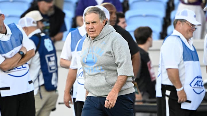 Sep 1, 2025; Chapel Hill, North Carolina, USA;  North Carolina Tar Heels head coach Bill Belichick on the field before the game at Kenan Stadium. Mandatory Credit: Bob Donnan-Imagn Images