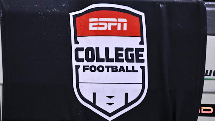 Dec 27, 2025; Houston, TX, USA; A detail view of ESPN College Football logo on a TV camera prior to the game between the Houston Cougars and the Louisiana State Tigers at NRG Stadium. Mandatory Credit: Maria Lysaker-Imagn Images