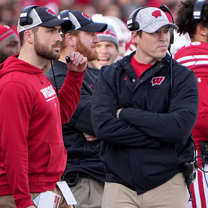 Wisconsin head coach Jim Leonhard, center, is shown during the first quarter of a 2022 game.