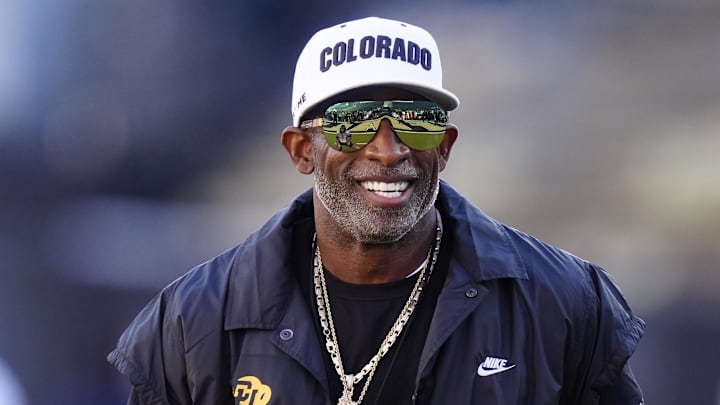 Nov 1, 2025; Boulder, Colorado, USA; Colorado Buffaloes head coach Deion Sanders before the game against the Arizona Wildcats at Folsom Field. Mandatory Credit: Ron Chenoy-Imagn Images
