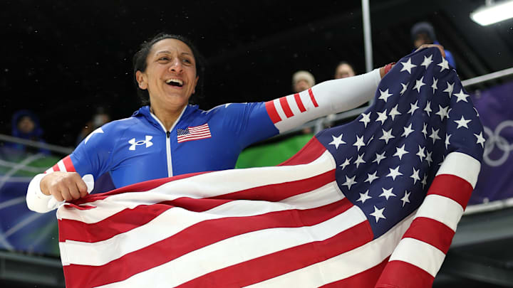 Bobsledder Elana Meyers Taylor won her first gold Olympic medal in the monobob. Bobsledder Elana Meyers Taylor won her first gold Olympic medal in the monobob.