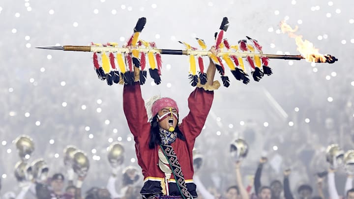 Nov 25, 2022; Tallahassee, Florida, USA; Florida State Seminoles symbol Chief Osceola plants the spear at midfield before the game against the Florida Gators at Doak S. Campbell Stadium. Mandatory Credit: Melina Myers-Imagn Images