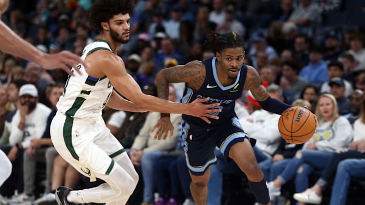 Memphis Grizzlies guard Ja Morant, seen here defended by Bucks guard Andre Jackson Jr., has had big games vs. Milwaukee over the years and will be in the mix at FedExForum. Mandatory Credit: Petre Thomas-Imagn Images
