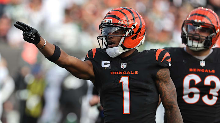 Oct 26, 2025; Cincinnati, Ohio, USA; Cincinnati Bengals wide receiver Ja'Marr Chase (1) reacts during the fourth quarter against the New York Jets at Paycor Stadium. Mandatory Credit: Joseph Maiorana-Imagn Images