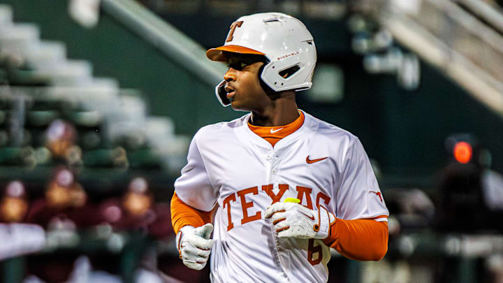 Texas freshman Anthony Pack Jr. walks to first base against the Mississippi State Bulldogs on May 1, 2026, at UFCU Disch-Falk Field in Austin, Texas. 