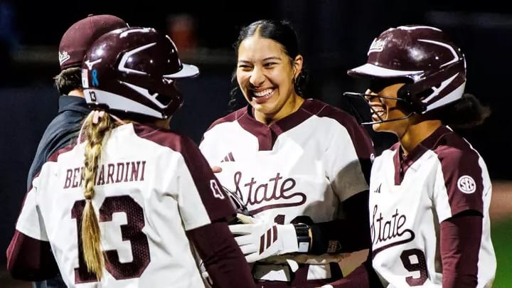 Mississippi State Associate Head Coach Tyler Bratton, Mississippi State Utility Player Morgan Bernardini (#13), Mississippi State Infielder Nadia Barbary (#10) and Mississippi State Infielder Kiarra Sells (#9) during the game between the UAB Blazers and the Mississippi State Bulldogs at Nusz Park in Starkville, MS.