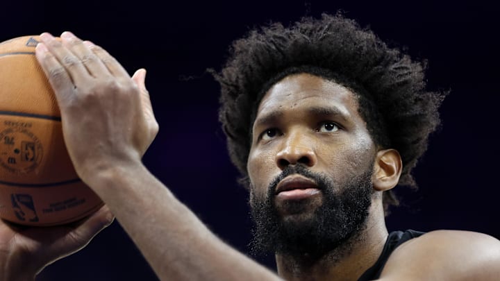 Oct 17, 2025; Philadelphia, Pennsylvania, USA; Philadelphia 76ers center Joel Embiid before action against the Minnesota Timberwolves at Xfinity Mobile Arena. Mandatory Credit: Bill Streicher-Imagn Images Oct 17, 2025; Philadelphia, Pennsylvania, USA; Philadelphia 76ers center Joel Embiid before action against the Minnesota Timberwolves at Xfinity Mobile Arena. Mandatory Credit: Bill Streicher-Imagn Images