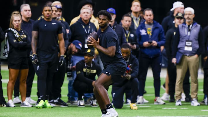 Colorado Buffaloes quarterback Shedeur Sanders (2) looks to make a pass at the University of Colorado NFL Showcase Colorado Buffaloes quarterback Shedeur Sanders (2) looks to make a pass at the University of Colorado NFL Showcase