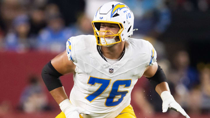 Oct 21, 2024; Glendale, Arizona, USA; Los Angeles Chargers offensive tackle Joe Alt (76) against the Arizona Cardinals at State Farm Stadium. 