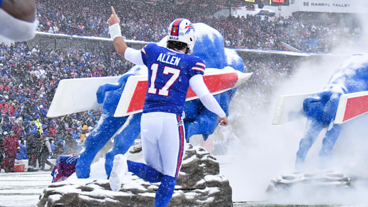 Buffalo Bills quarterback Josh Allen enters the field before the game against the Cincinnati Bengals at Highmark Stadium. Buffalo Bills quarterback Josh Allen enters the field before the game against the Cincinnati Bengals at Highmark Stadium.