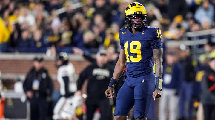 Michigan quarterback Bryce Underwood (19) reacts after throwing an interception against Purdue during the first half at Michigan Stadium in Ann Arbor on Saturday, November 1, 2025.