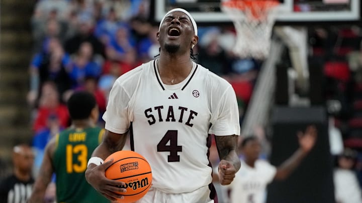 Mar 21, 2025; Raleigh, NC, USA; Mississippi State Bulldogs forward Cameron Matthews (4) reacts during the second half against the Baylor Bears in the first round of the NCAA Tournament at Lenovo Center. Mar 21, 2025; Raleigh, NC, USA; Mississippi State Bulldogs forward Cameron Matthews (4) reacts during the second half against the Baylor Bears in the first round of the NCAA Tournament at Lenovo Center.