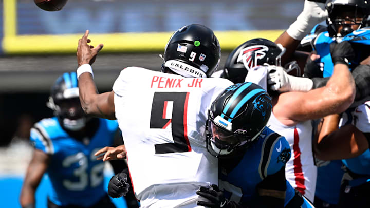 Atlanta Falcons quarterback Michael Penix Jr. was benched in the second half of the loss against the Carolina Panthers. Atlanta Falcons quarterback Michael Penix Jr. was benched in the second half of the loss against the Carolina Panthers.