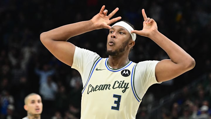 Milwaukee Bucks center Myles Turner (3) reacts after scoring a basket in the 4th quarter against the Philadelphia 76ers at Fiserv Forum.