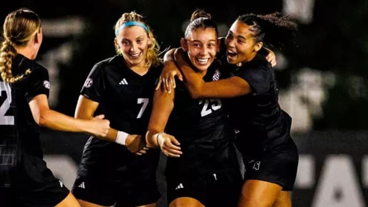 Mississippi State Centerfielder Zoe Main (#7), Mississippi State Midfielder Laila Juliette Murillo (#25) and Mississippi State Forward Kyra Taylor (#3) during the match between the Louisiana Tech Bulldogs and the Mississippi State Bulldogs at the MSU Soccer Field in Starkville, MS.