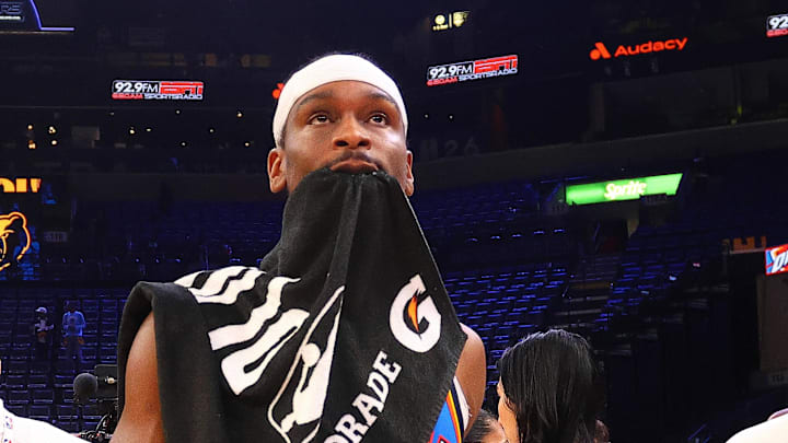 Apr 26, 2025; Memphis, Tennessee, USA; Oklahoma City Thunder guard Shai Gilgeous-Alexander (2) walks of the court after defeating the Memphis Grizzlies in game four for the first round of the 2024 NBA Playoffs at FedExForum. Mandatory Credit: Petre Thomas-Imagn Images